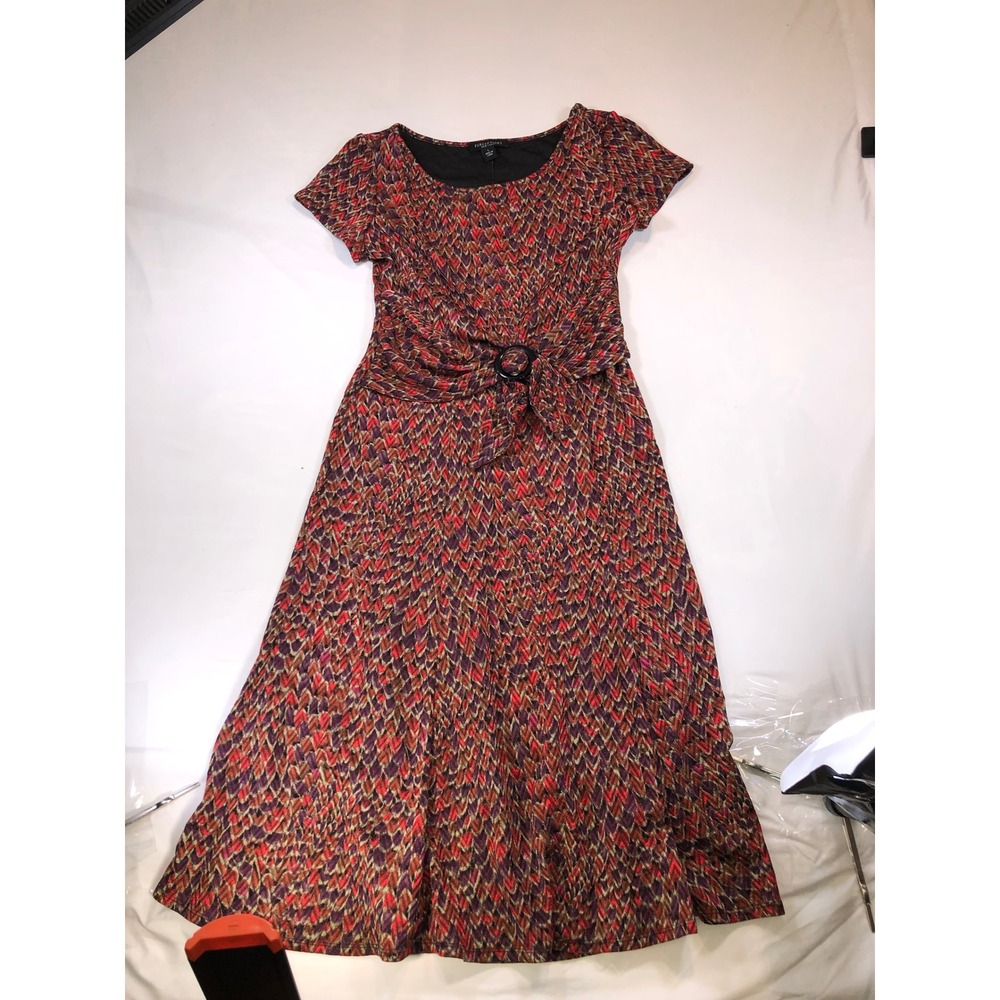Perceptions New York Red Purple Abstract Print Ring Waist Midi Dress Large